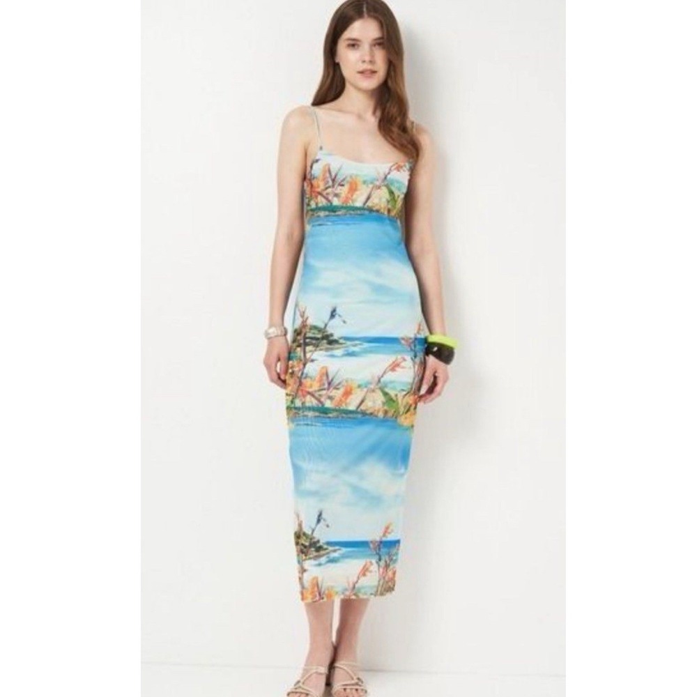 Zara Printed Midi Dress Printedβ mesh/tulle fabric scenic tropical Medium Blue